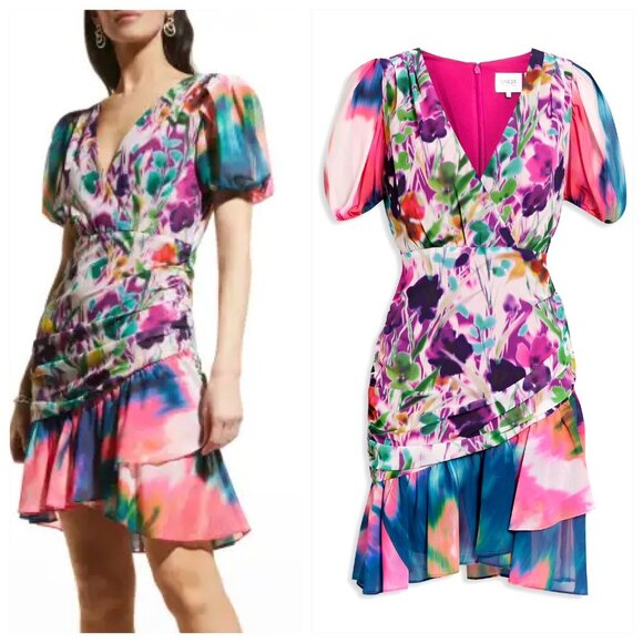 One33 Social Dresses & Skirts - NWT One 33 Social Ruched Floral-Print Flounce Mini Dress, Size 12